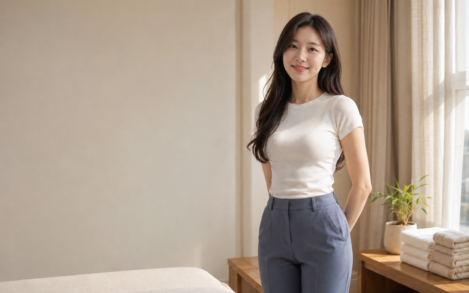 오산 방문 홈케어를 안내하는 젊은 성인 한국 여성 관리사